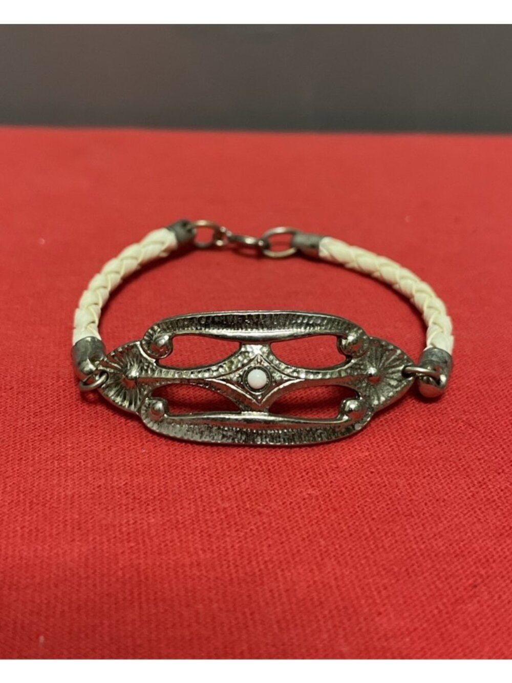 Vintage Southwestern Filigree & White Leather Braided Woven Silver Tone Bracelet